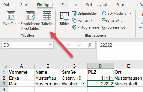 Excel-Liste in Tabelle konvertieren