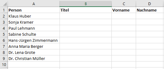 Zellaufteilung in Excel Beispiel 2