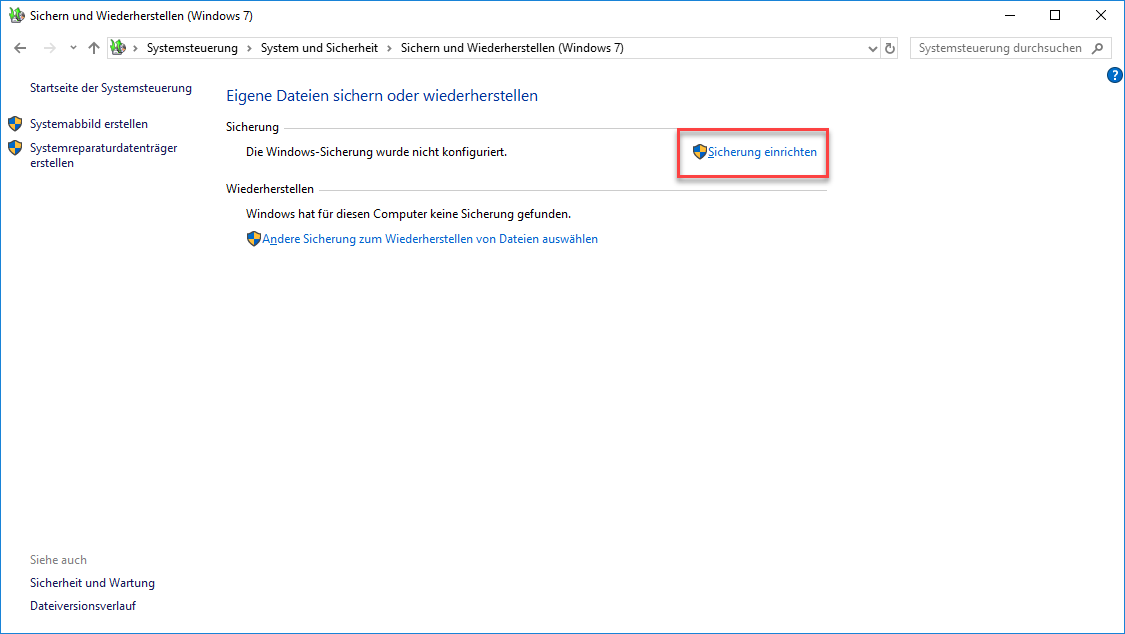 Windows 10 Datensicherung einrichten