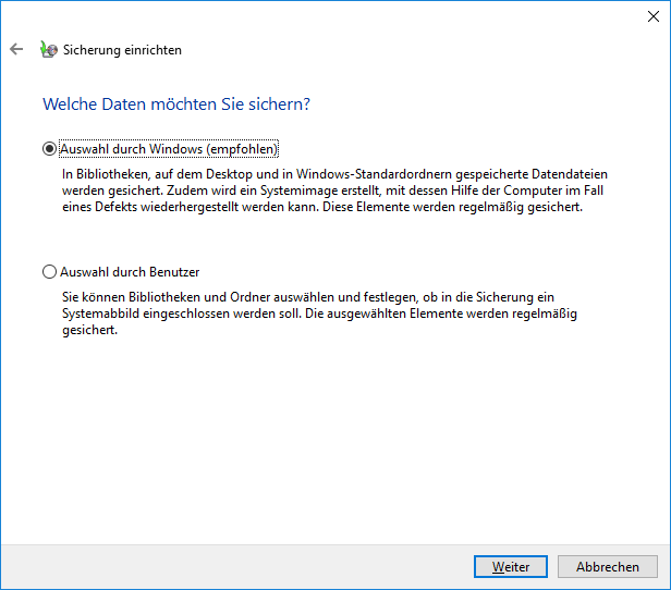 Windows 10 Datensicherung - Auswahl der zu sichernden Daten