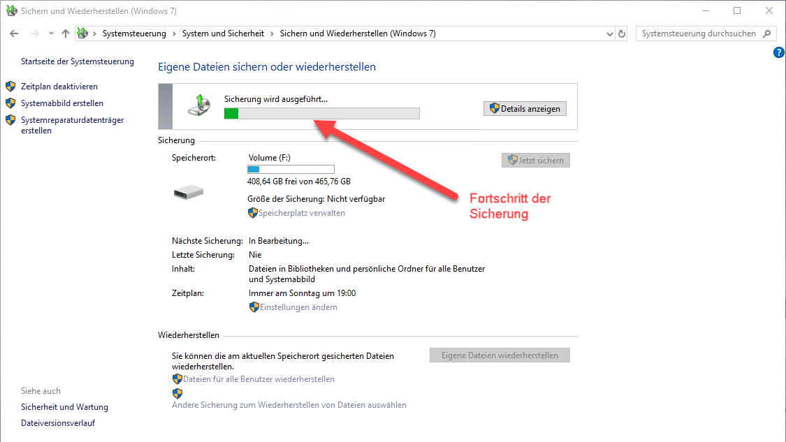 Windows 10 Datensicherung - Fortschritt