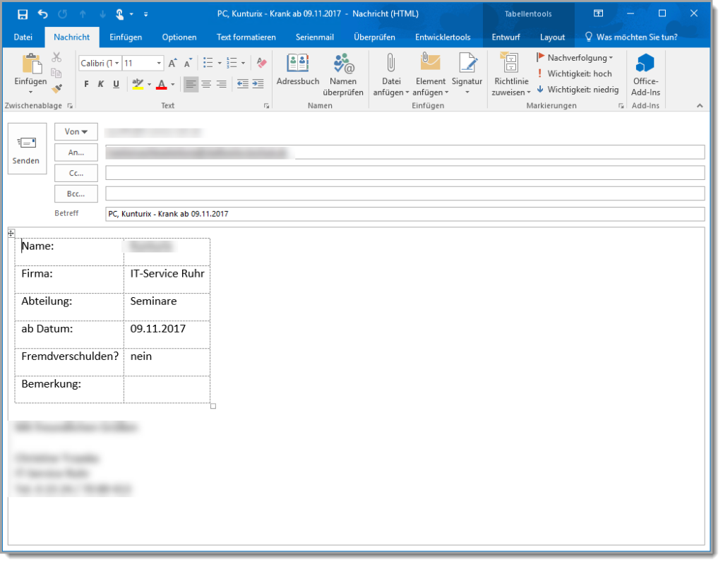Durch Outlook-Programmierung erzeugte E-Mail