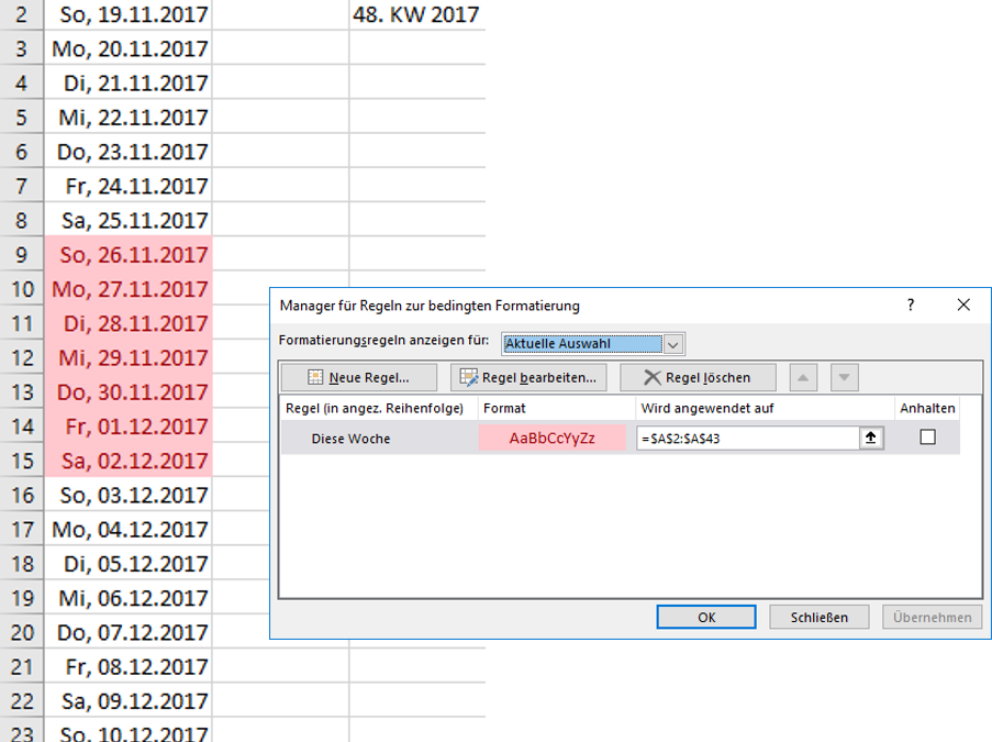 Aktuelle Kalenderwoche in Excel kennzeichnen