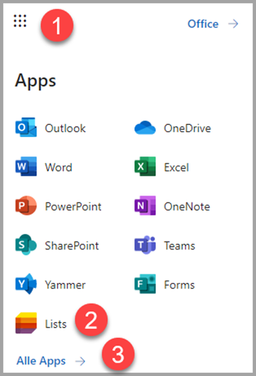 App-Startfeld zum Aufrufen der Office 365 Listen