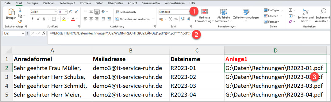 Excel-Tabelle mit den individuellen Dateianlagen für Serienmail