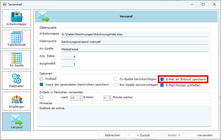 Die aktuelle Serienmail wird als Entwurf gespeichert Screenshot: Speichern der aktuellen Serienmail als Entwurf