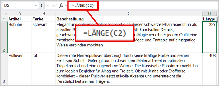 Überprüfen der Textlänge mit Excel Screenshot: Überprüfen der Textlänge mit Excel
