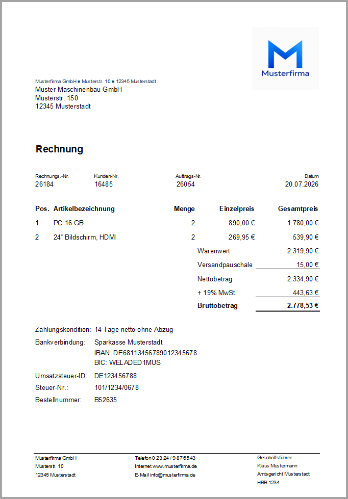 Excel-Tabellenblatt mit Rechnungsdaten Excel-Tabellenblatt mit Rechnungsdaten